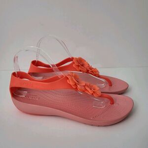 CROCS Womens 10 Serena Sandals Shoes Orange Pink Floral Embellish Thong Flats